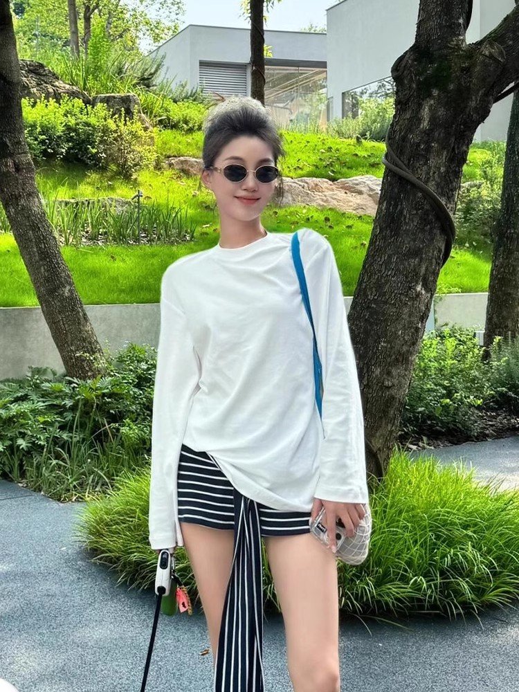 美式复古白色圆领正肩长袖t恤女早春穿搭宽