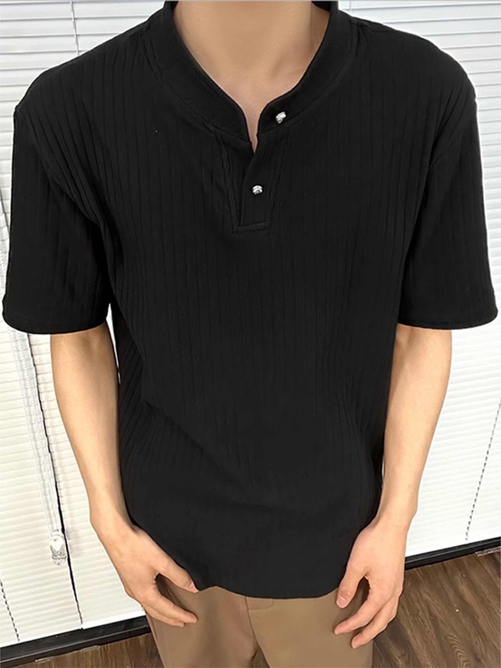 cleanfit黑色亨利领针织短袖男款夏