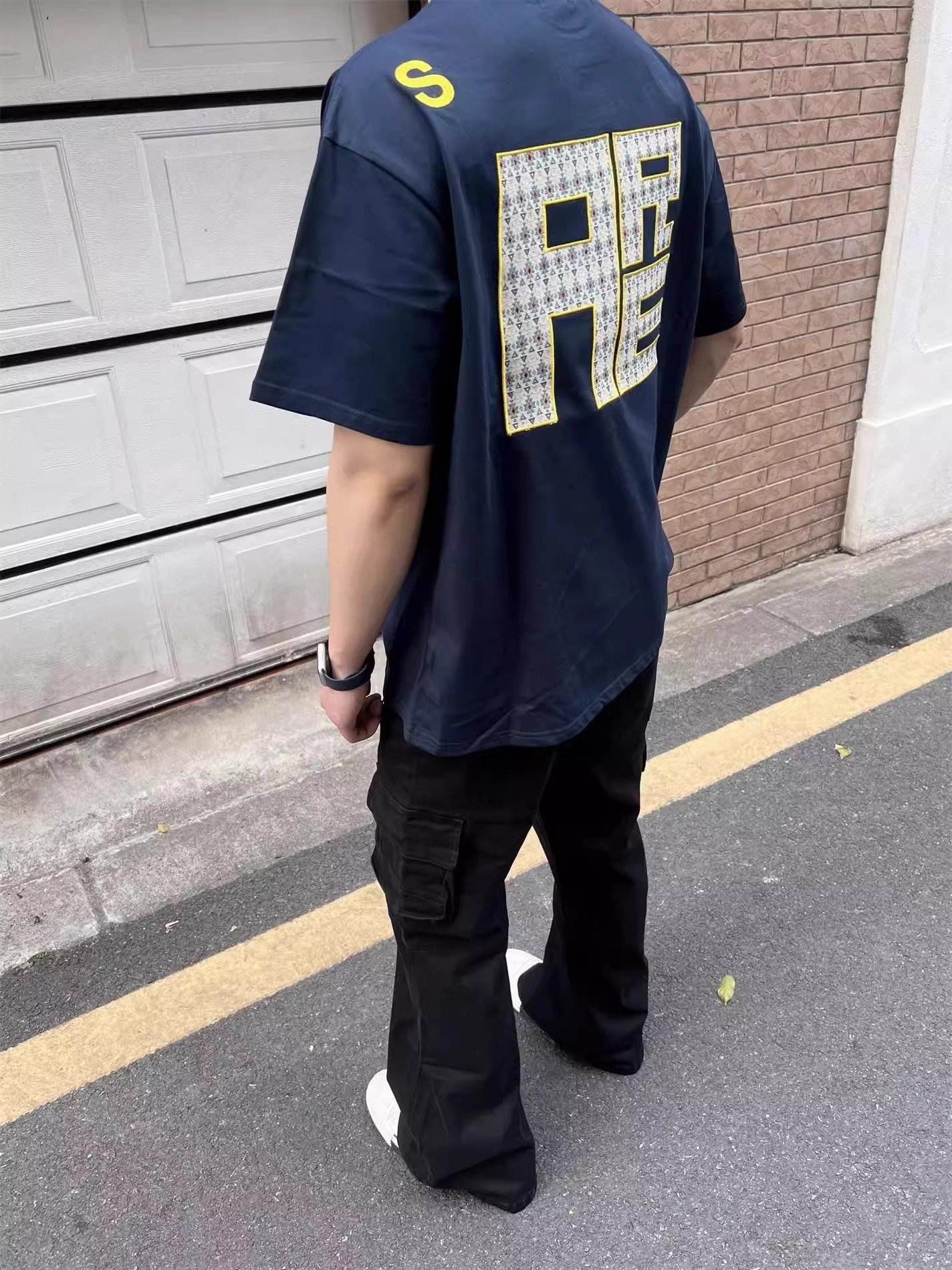 fykshop藏青色字母短袖男款夏季美式