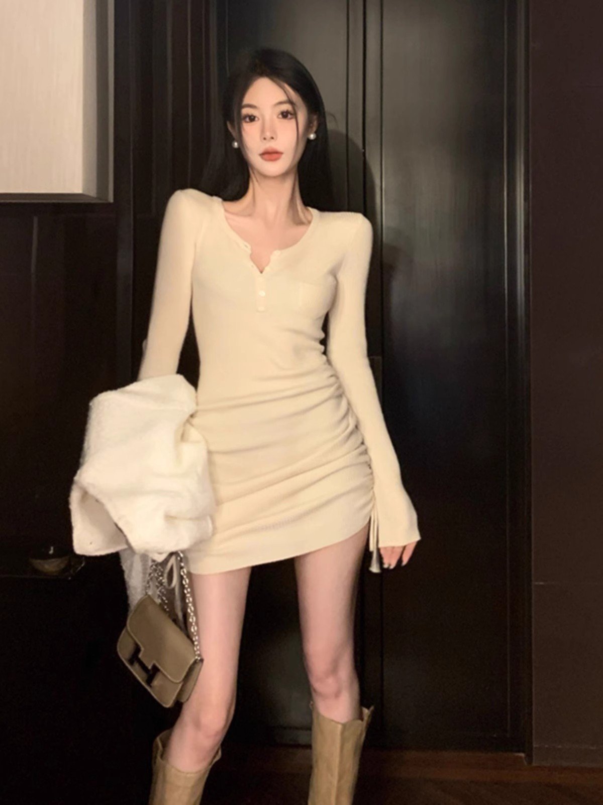 纯欲风v领针织长袖连衣裙女春秋高级性感