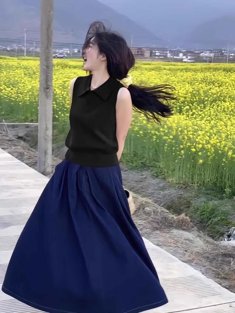 韩系黑色冰丝POLO衫小个子短款坎肩背心