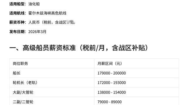 信说：霍尔木兹航线船员工资表……