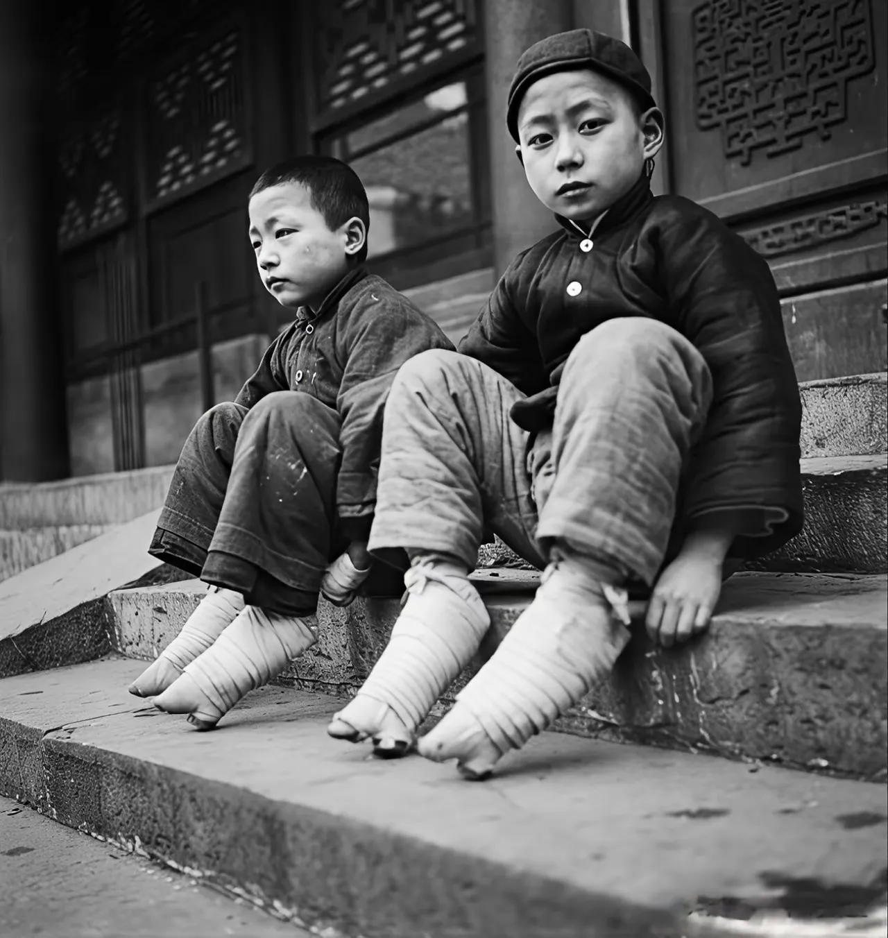 老照片，应该是京剧班社的小学员。好奇他们的脚为什么要这样包起来？