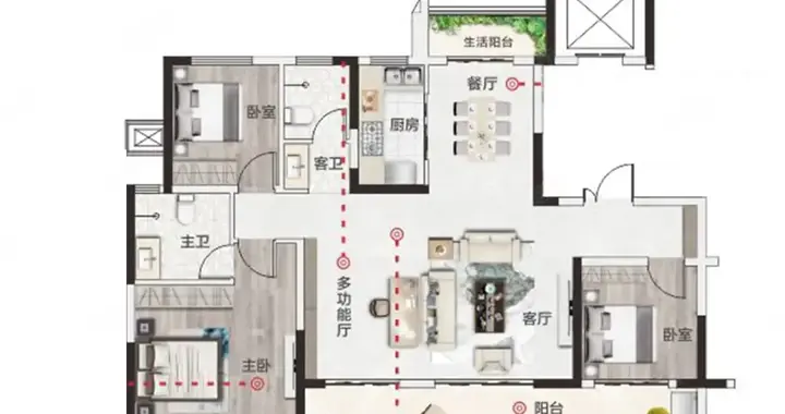 137.56㎡灵活户型：三卧/四卧切换+贯穿式阳台，够经典