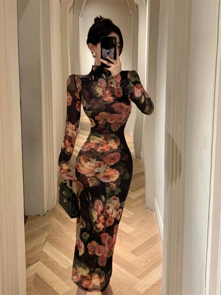 新中式国风改良旗袍印花长袖连衣裙女