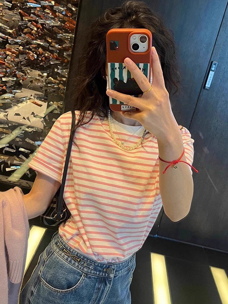 2025新款粉色条纹短袖正肩T恤女小香风