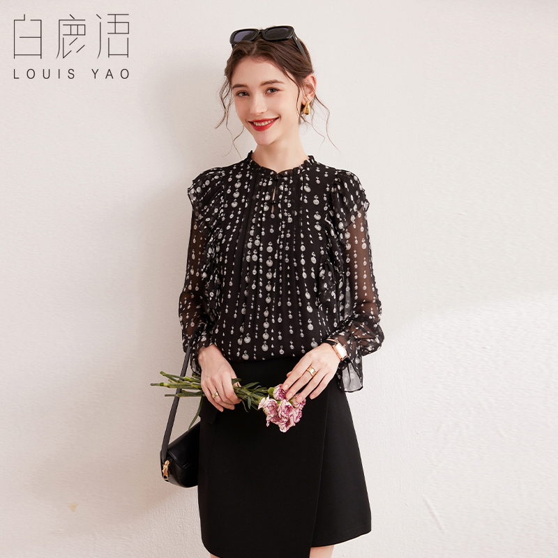 白鹿语甜美印花立领衬衣2024秋新款温柔造型泡泡袖无弹女式衬衫