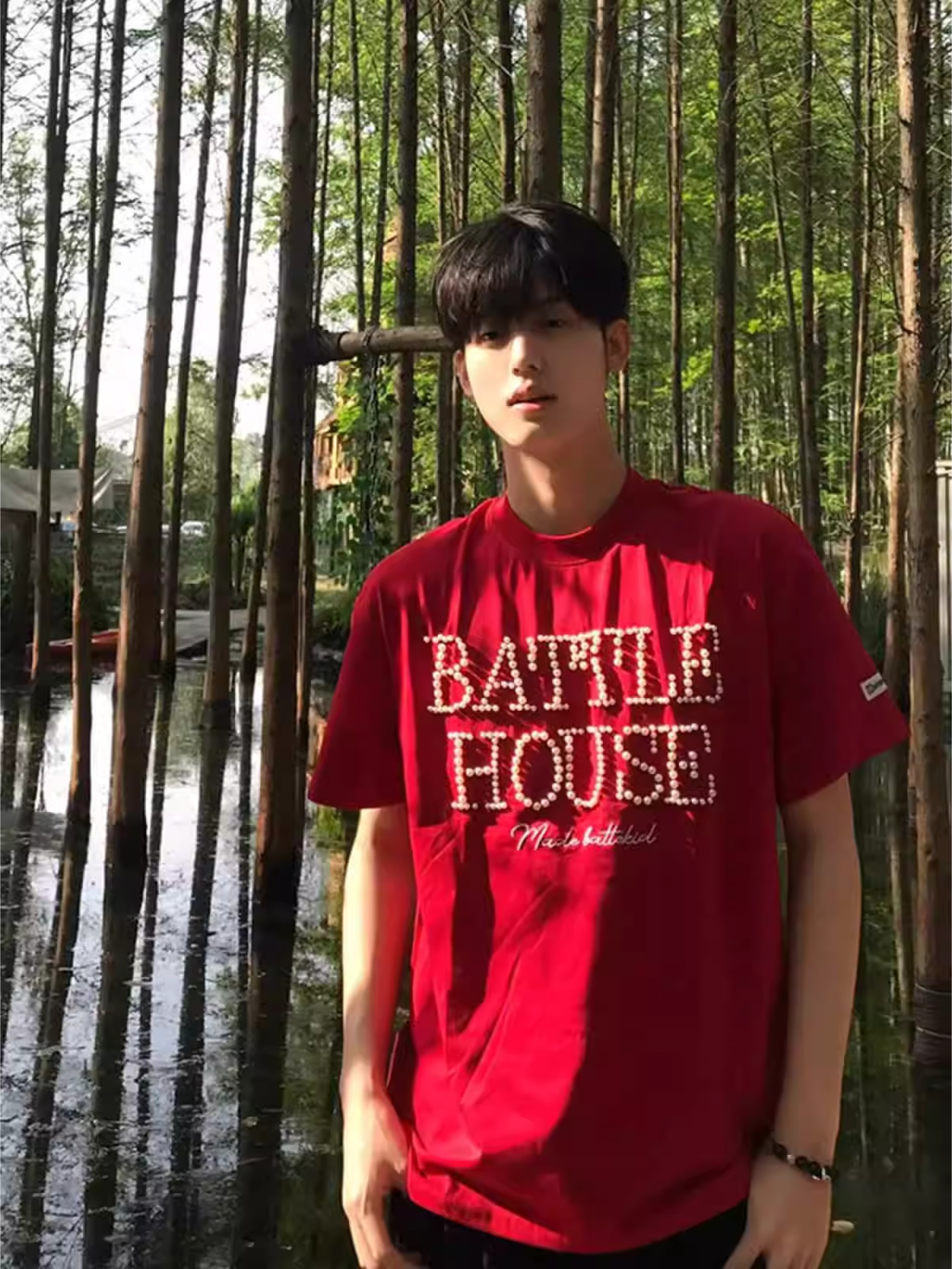 红色钉珠字母短袖男cleanfit少年感