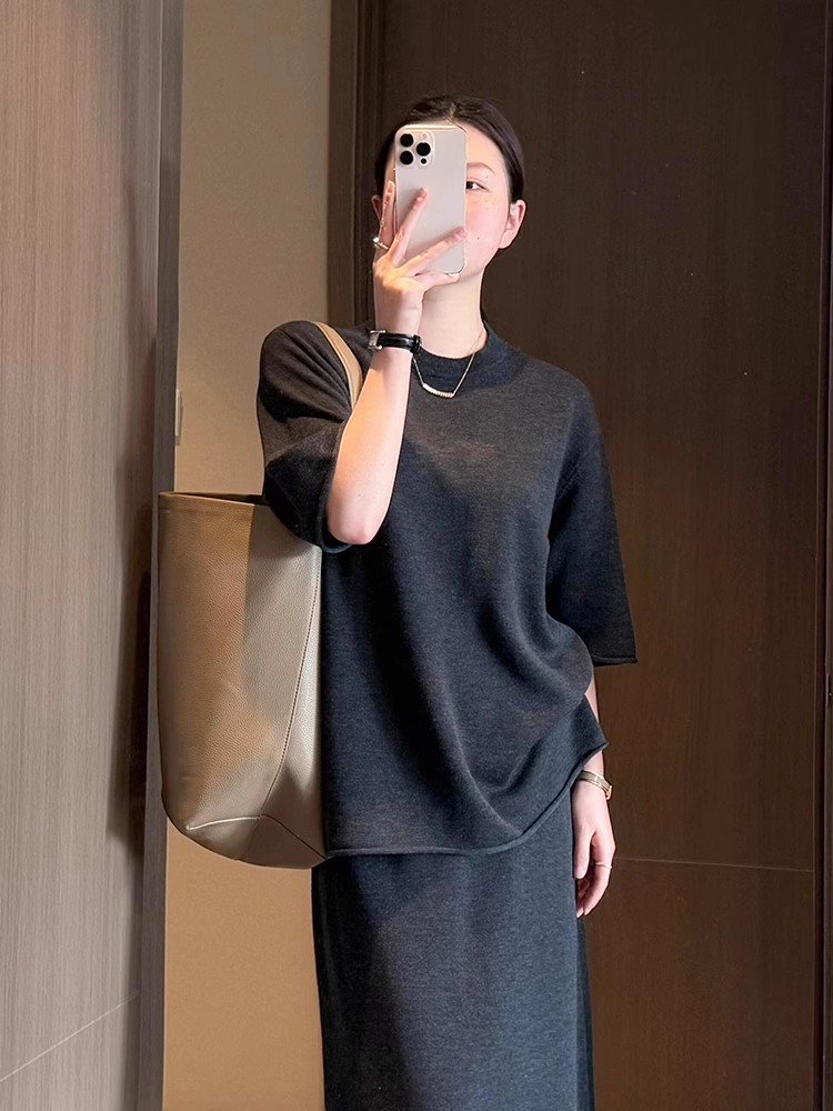 老钱风深灰色针织冰丝上衣宽松正肩短袖女夏