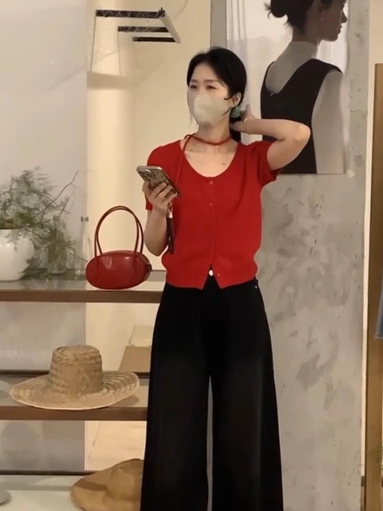 法式红色大领口u领短袖正肩t恤夏季女上衣