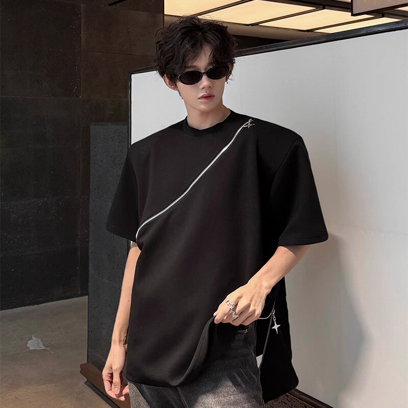 黑色斜双拉链小领口T恤男暗黑系痞帅短袖