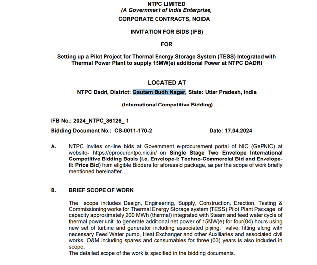 印度NTPC火电站配置200MWh储热系统国际招标
