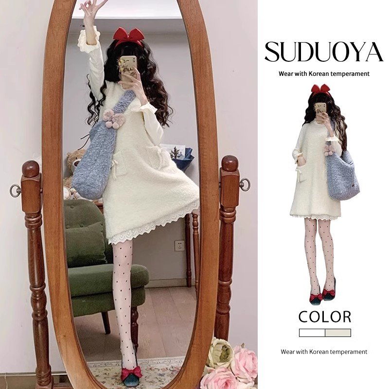 🎀 毛绒背心裙与针织上衣的梦幻搭配