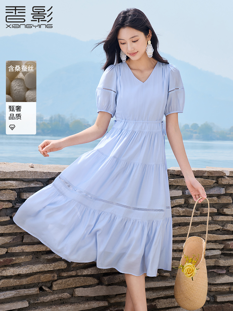 香影度假风海边蓝色v领连衣裙女