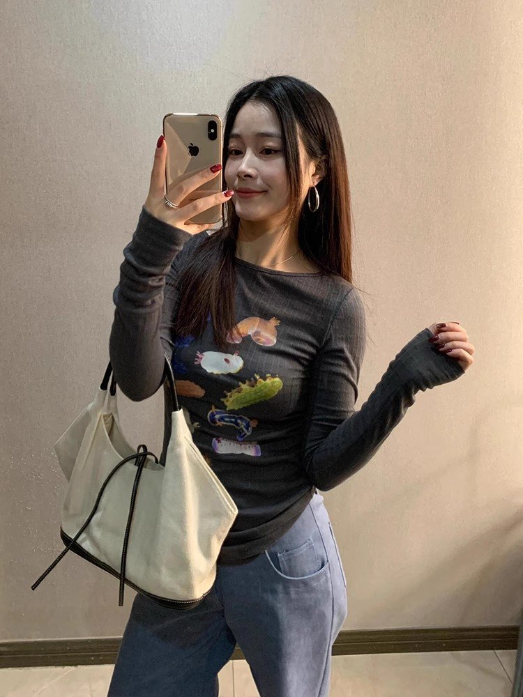 灰色卡通印花长袖t恤夏季小衫女2025新