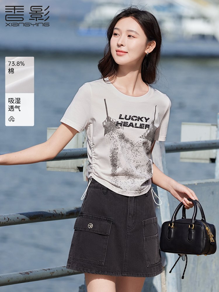 香影美式白色正肩短袖t恤女