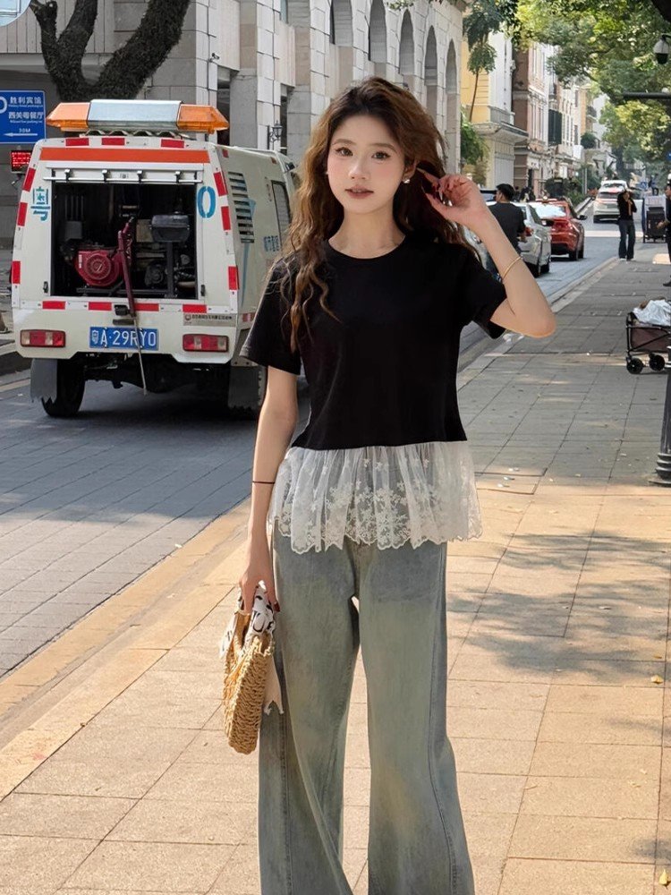 美式复古白色短袖正肩女t恤夏季设计感蕾丝