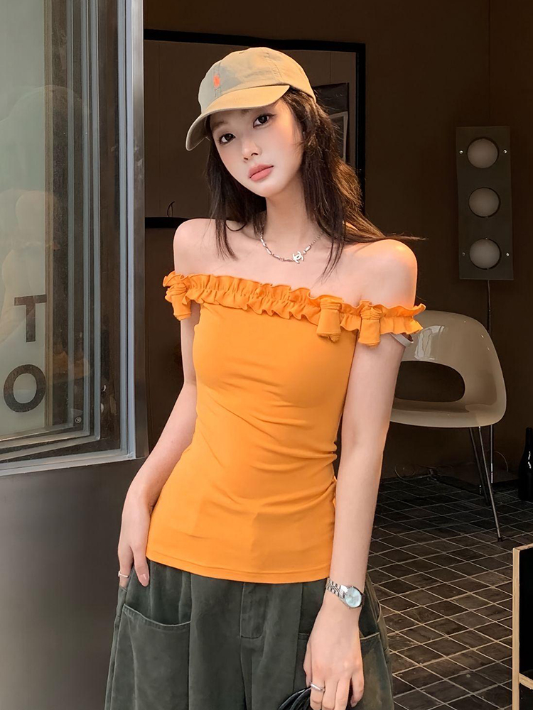 超好看单穿上衣小众不撞款一字肩橘色t恤女