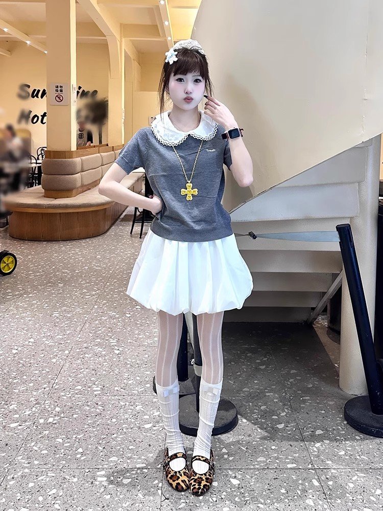 法式灰色娃娃领翻领正肩短恤t恤女夏季小个