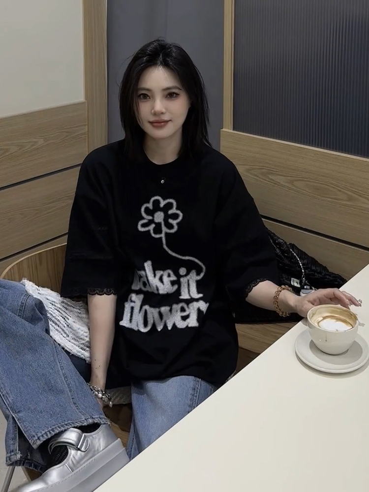漂亮上衣打底衫设计感小众黑色印花短袖T恤