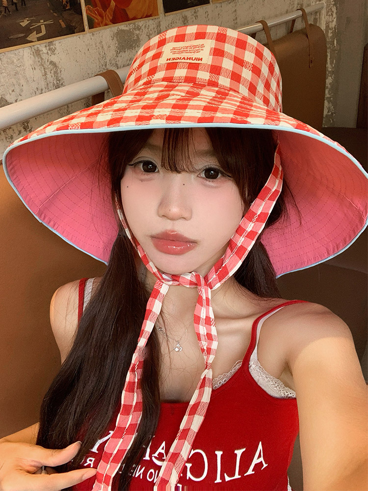 夏季新款系带遮阳双面可折叠格子渔夫帽