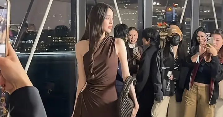 古力娜扎单肩棕色长裙，灯光下尽显优雅气质