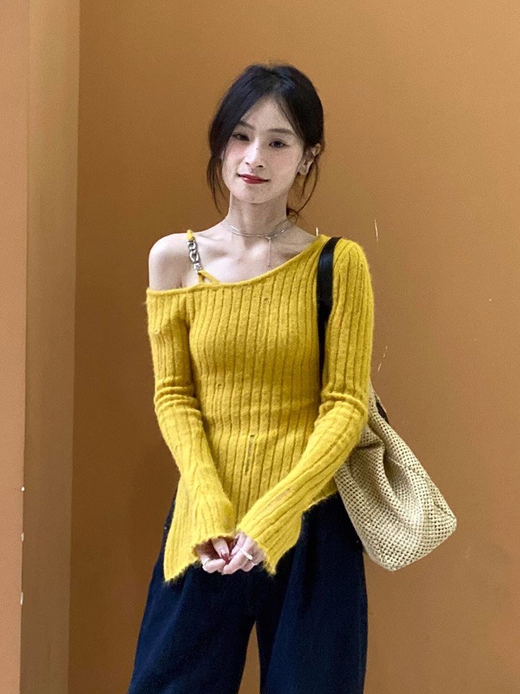 小个子黄色斜肩针织衫独特漂亮内搭上衣女春