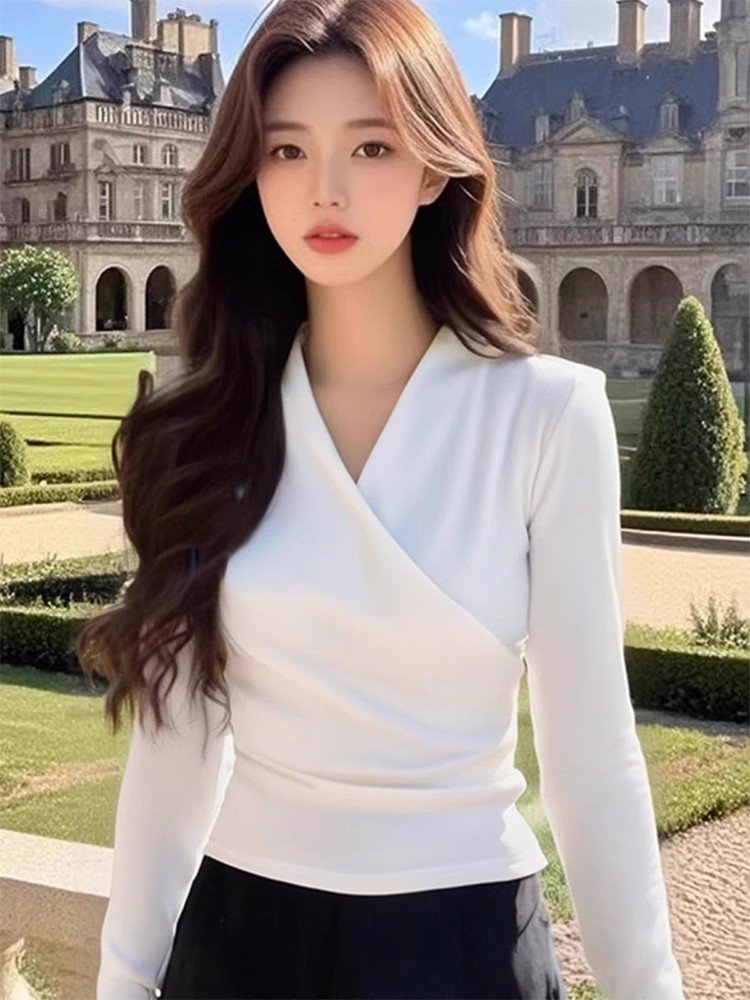 白色内搭交叉v领长袖t恤女早春季修身紧身