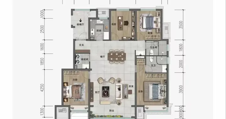 148㎡三卫双南卧，纵向大厅+北卧相邻的实用格局