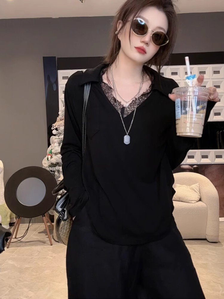 法式别致v领白色蕾丝拼接正肩长袖t恤女夏