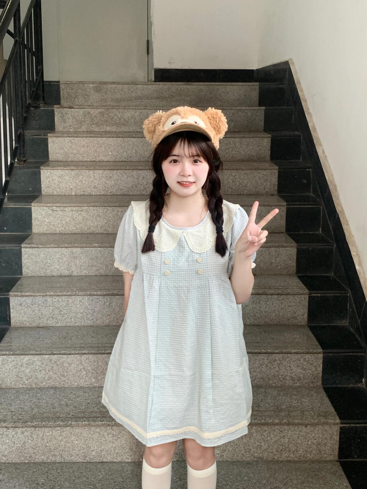 甜妹公主裙裙来咯！夏日蓝色格子娃娃领连衣