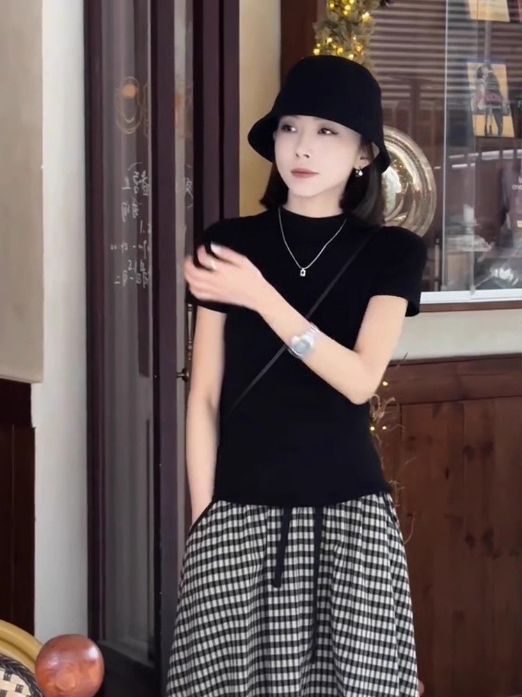 法式短款黑色半高领短袖正肩t恤女夏季小个