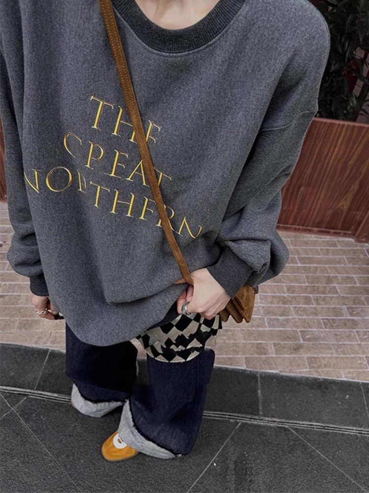 灰色磨毛刺绣长袖t恤女早春秋季小个子设计