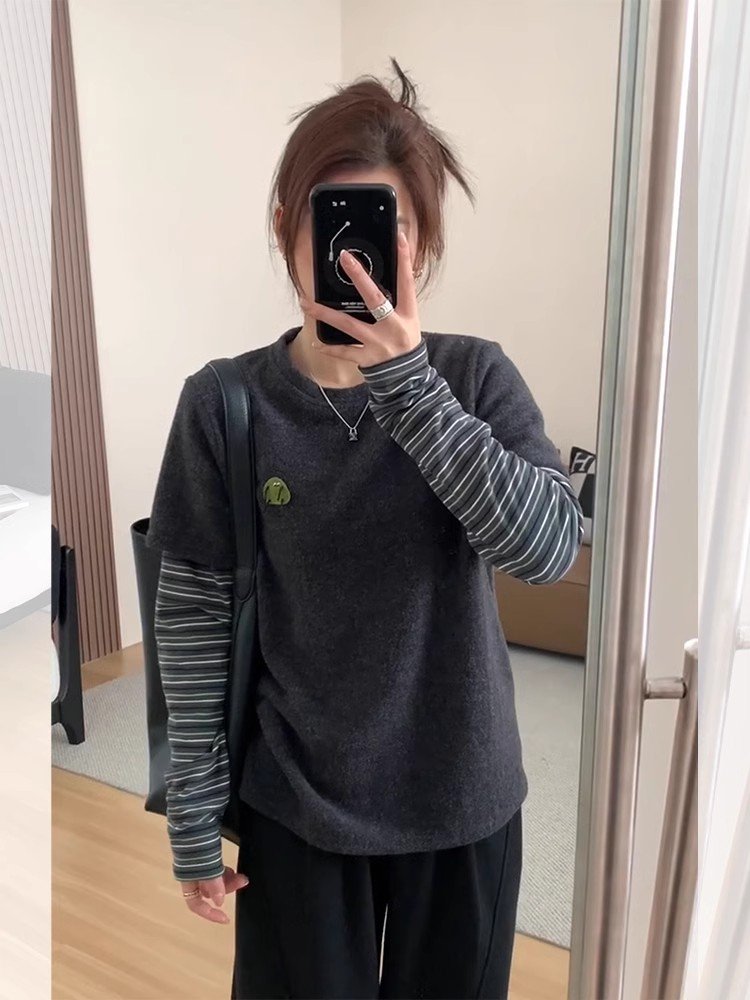 韩系灰色假两件正肩长袖t恤女春秋小众打底