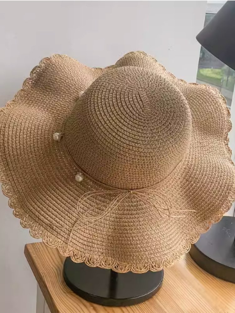 夏天韩版百搭珍珠休闲小清新波浪大沿草帽！