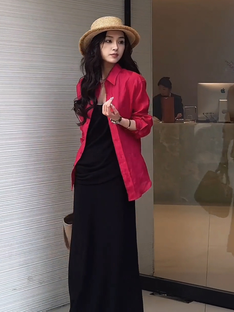 气质轻熟时尚百搭休闲通勤风玫红色防晒衬衫