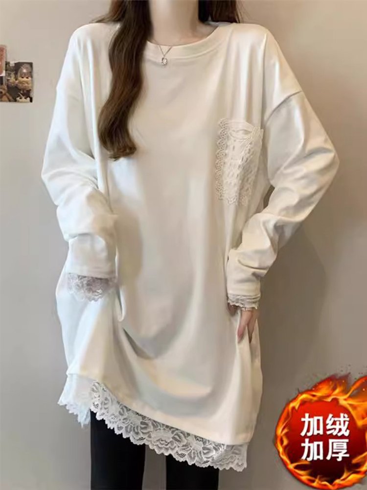 白色蕾丝德绒加厚打底衫女冬季内搭遮屁股