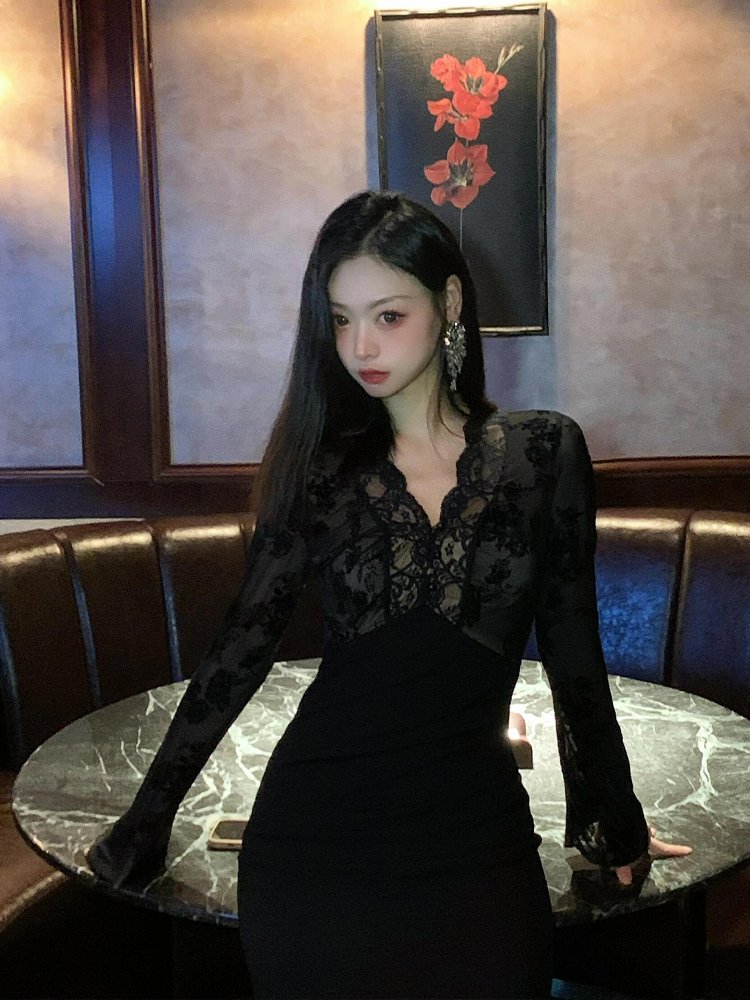 party年会礼服黑色蕾丝长袖连衣裙