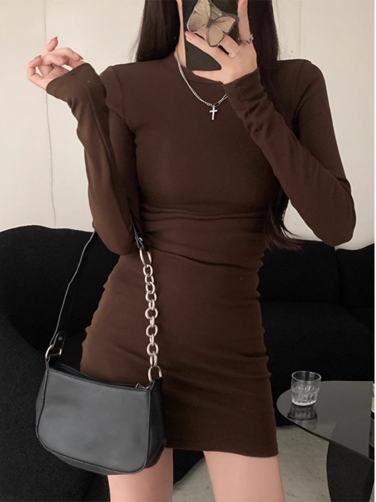 美拉德咖色针织内搭连衣裙女秋冬性感辣妹