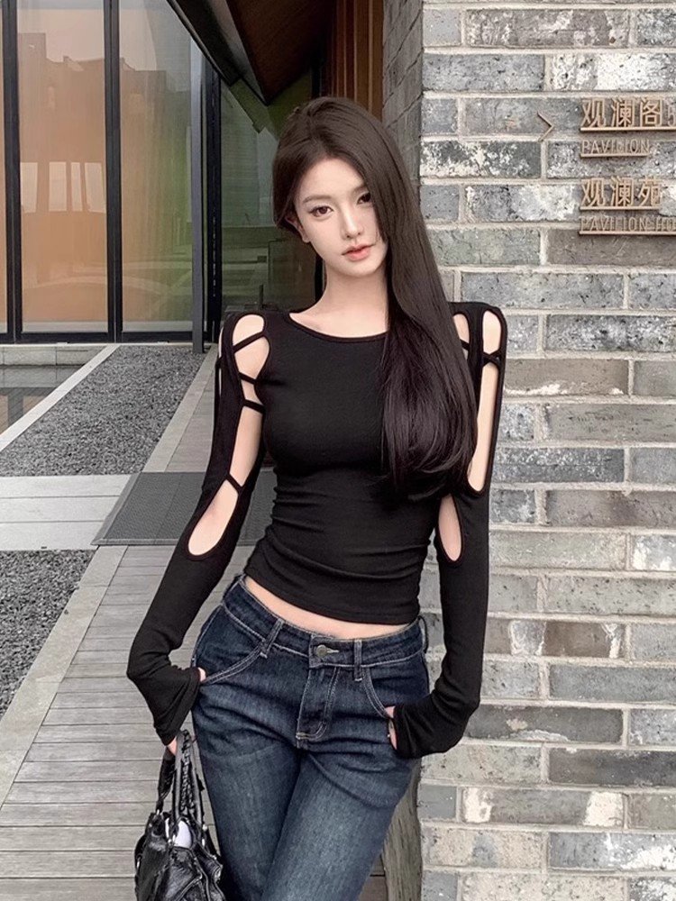 美式辣妹黑色镂空正肩长袖t恤女春秋高腰短