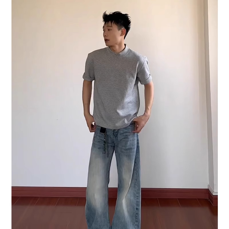 浅灰色花瓣领正肩T恤男美式设计感重磅痞帅