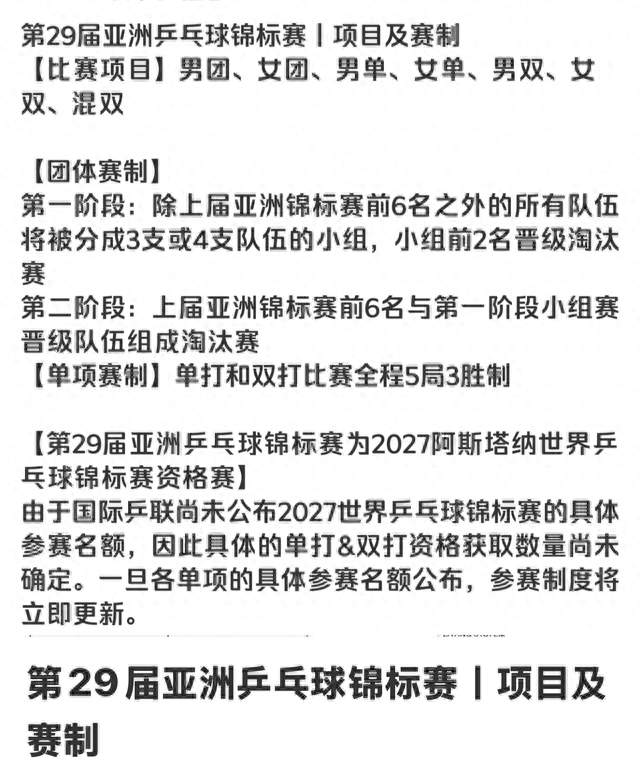 第29届亚洲乒乓球锦标赛项目及赛制 有苦难言啊