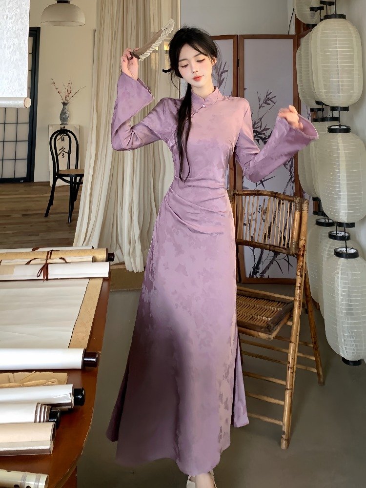 新中式国风改良旗袍紫色连衣裙女