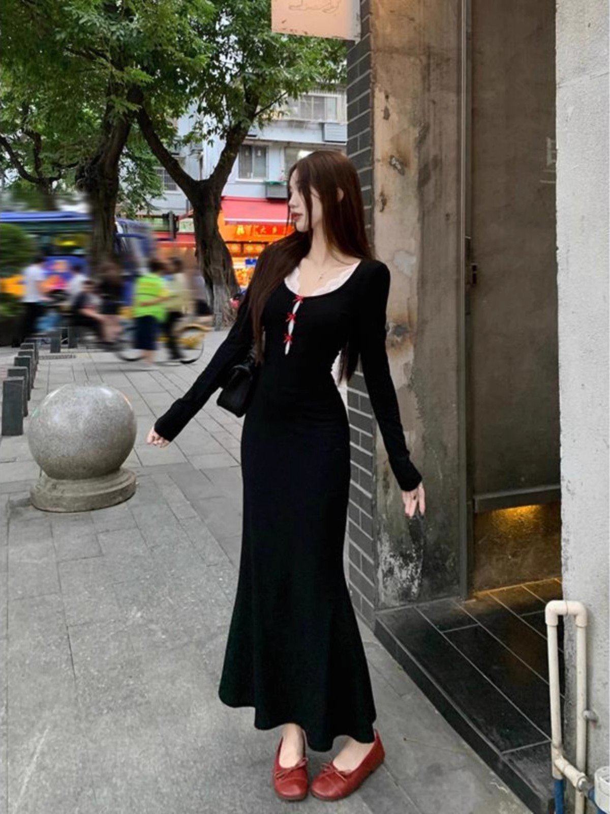 黑色针织蝴蝶结镂空连衣裙女秋冬高级感大衣