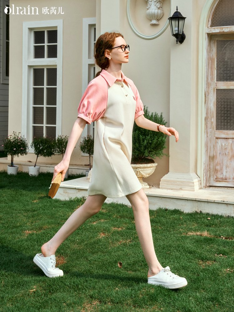 POLO领杏色撞色翻领减龄A字连衣裙