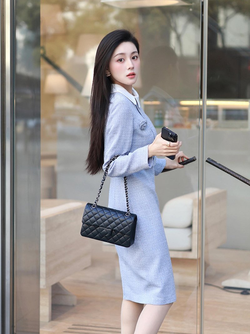 春季2025超火小香风蓝色翻领连衣裙漂亮