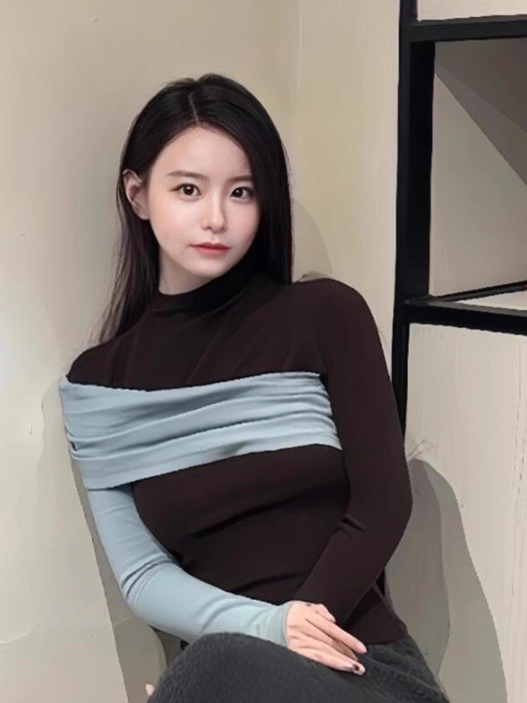 小众设计感撞色半高领内搭打底衫短款针织衫