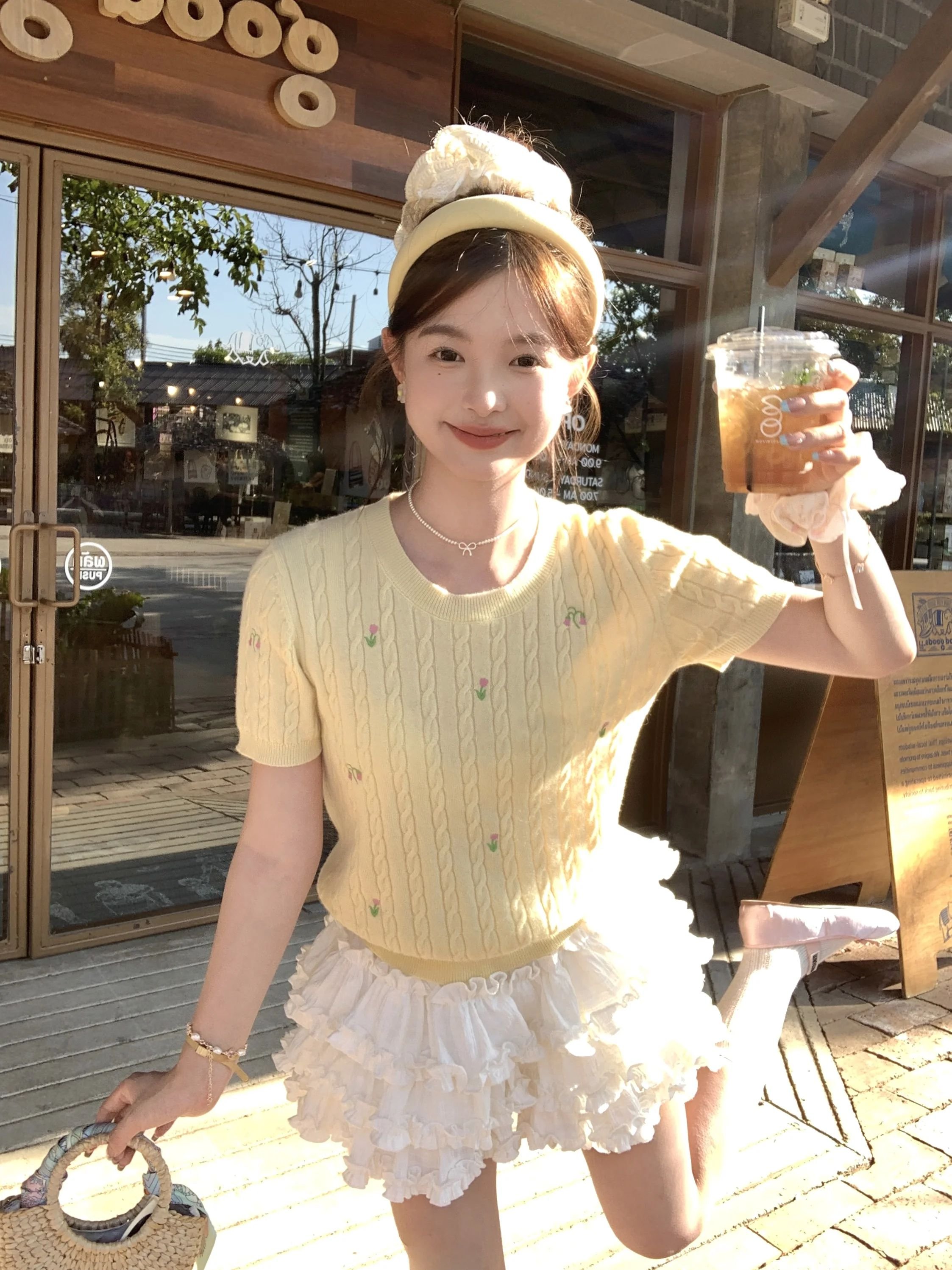 韩系黄色刺绣麻花针织冰丝短袖正肩t恤小个