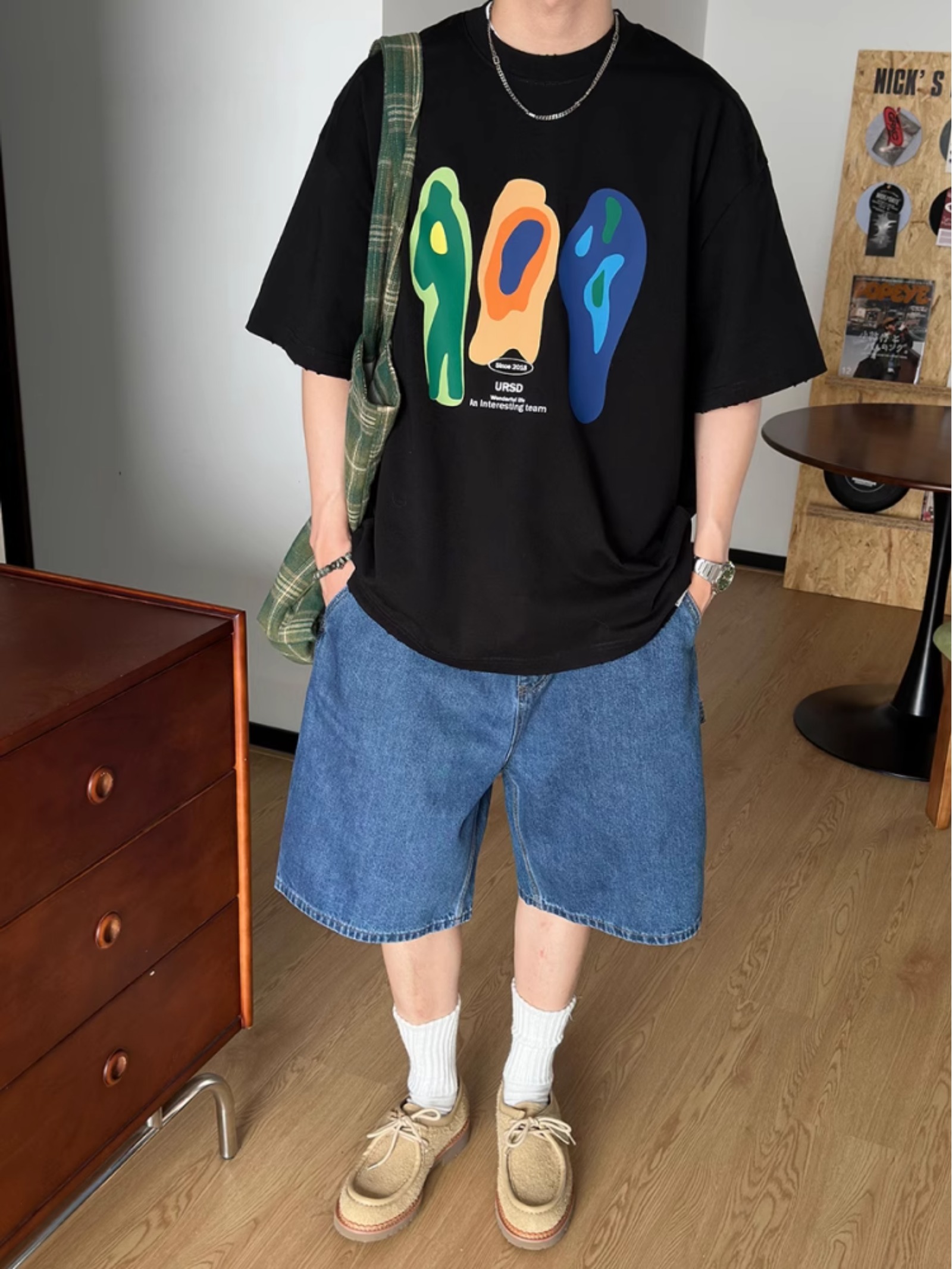 深蓝色牛仔短裤男款夏季宽松水洗直筒男生裤