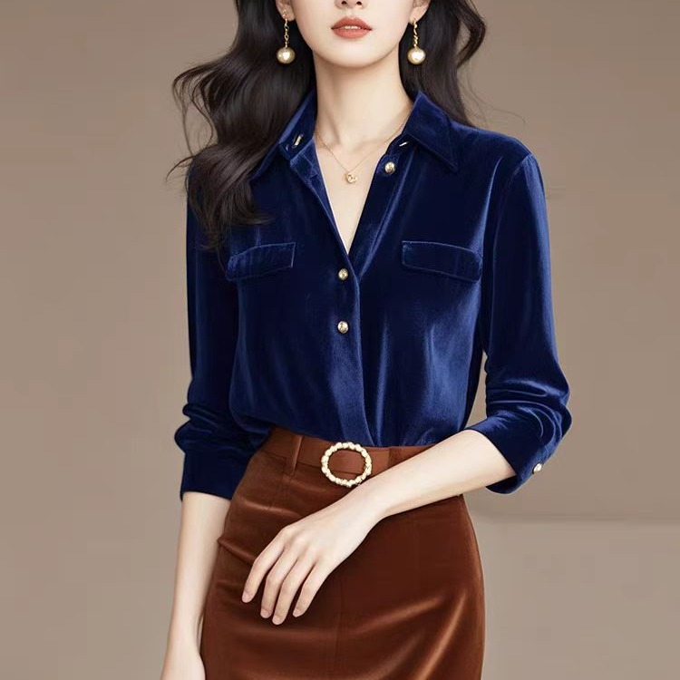欧货蓝色丝绒衬衫女2022年早春新款